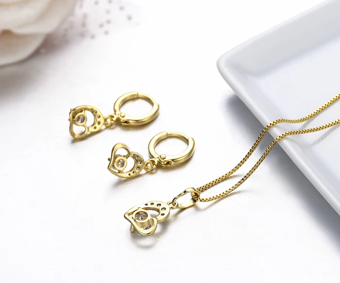 Cute Gold Color Love Heart with Pink or White CZ Drop Earrings Pendant Necklace Small Jewelry Sets for Women Children Girls Kids