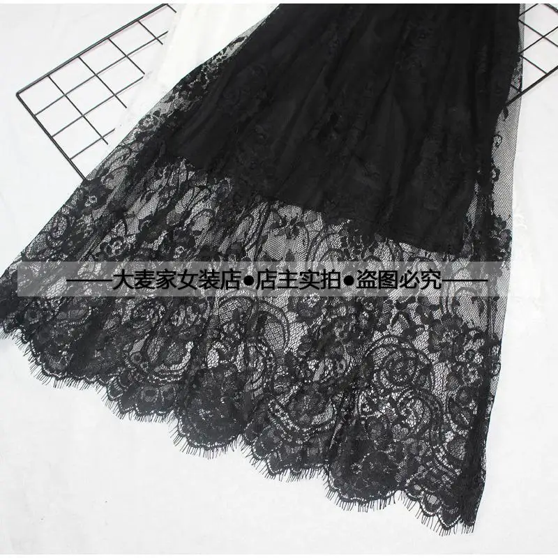 Women Summer Sexy Lace Mesh Long Midi Skirt Casual Vintage High Waist Hollow Out Slim All-Match Lining Black White Skirt 210