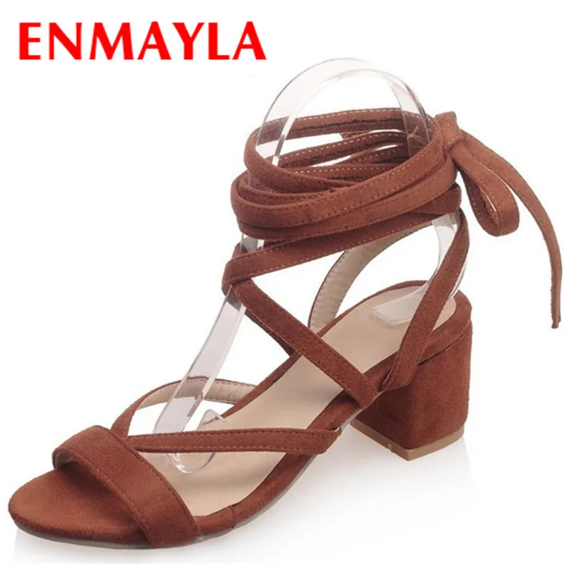 

ENMAYLA Square Heels Open Toe Sandals Women High Heels Gladiator Sandals Shoes Woman Yellow Black Suede Lace-up Shoes