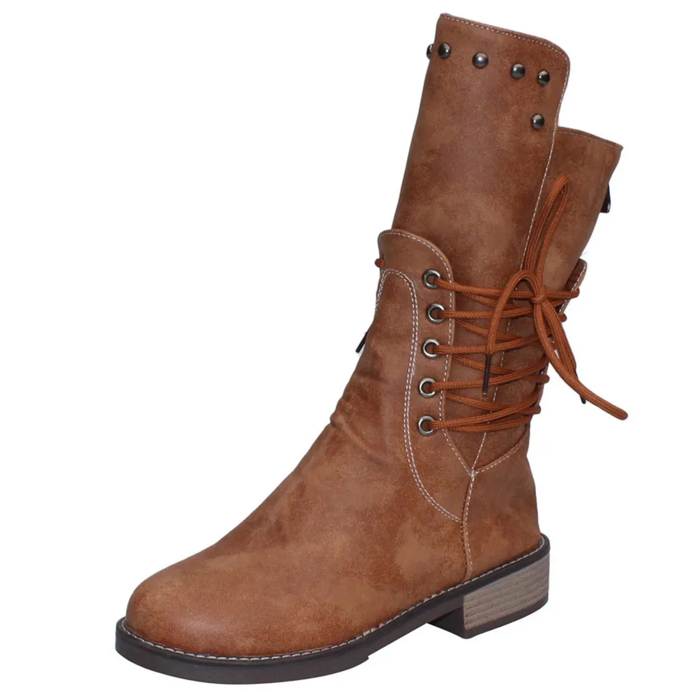 

Women Square Heel Rivets Shoes Middle Tube Zipper Martin Boots Round Toe Shoes Winter Fashion PU Buckle shoes woman boots @L