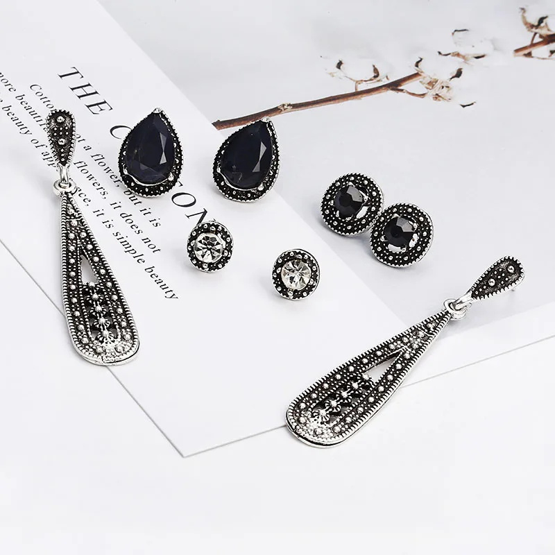 

Top quality crystal stud earrings for women black rhinestone vintage style alloy earrings woman trendy jewelry accessories e0138