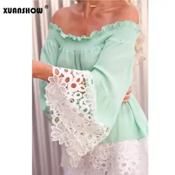 Xuanshow Лето Для женщин блузка 2018 модная одежда с длинными рукавами с вырезом лодочкой Женские рубашки шифон сращены Кружева Для женщин одежда