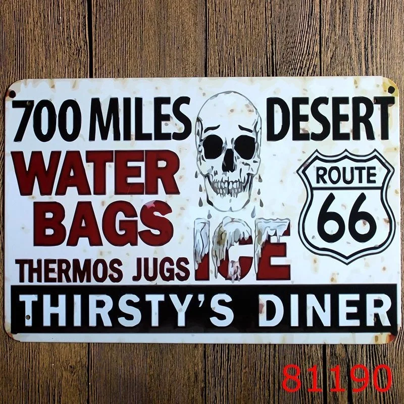 20x30cm 700 Miles Route 66 Skull Painting Water Bags Bar Pub Home Vintage Retro Poster Cafe Art Decor Metal Tin Sign
