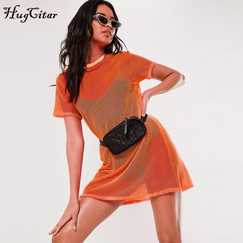 

Hugcitar short sleeve neon green pink solid dress 2019 summer women fashion loose mesh see-through sexy party club streetwear