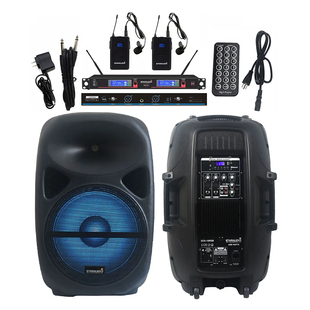 

STARAUDIO 15" 2500W DJ Active Powered PA Disco RGB Light Speaker USB BT Speaker 2CH UHF Wireless Headset Microphone SCS-15RGB