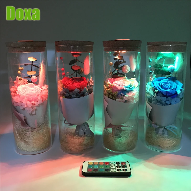 

DOXA 1PC LED Rose Night Light RGB Dimmer Bottle Lamp Real Flower With Remote Control Home Bedside Decor Lighting Birthday Gift