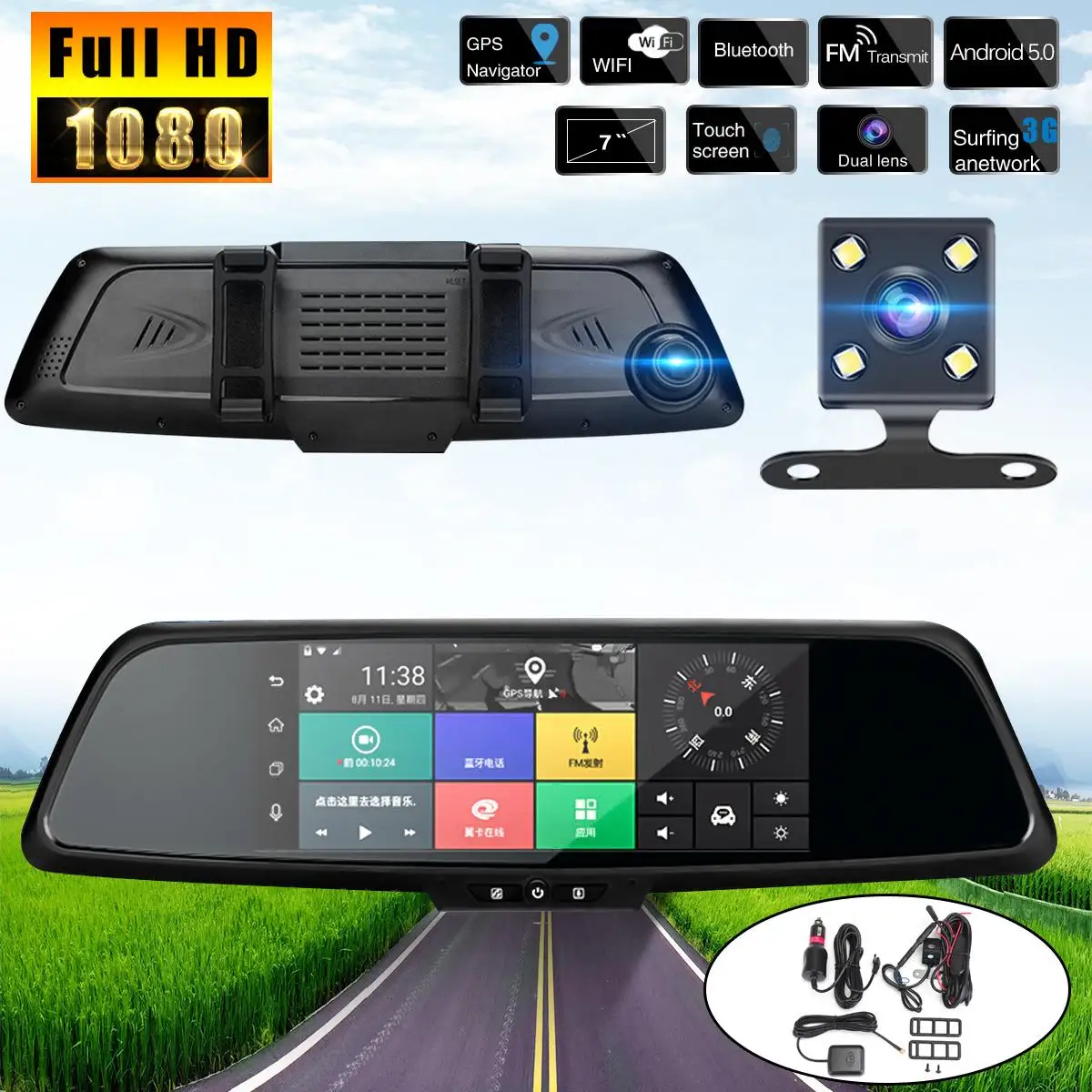 Kopen 7 #039; #039;Touchs Achteruitkijkspiegel Android GPS Navigator HD 1080 p 3g WiFi Bluetooth Call Auto Drive Recorder camera Video Nachtzicht