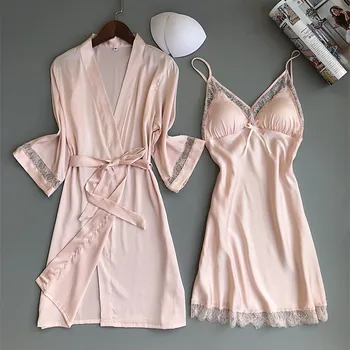 

Women Robe & Gown Sets Sexy Lace Sleep Lounge Pijama Long Sleeve Ladies Nightwear Bathrobe Night Dress with Chest Pads