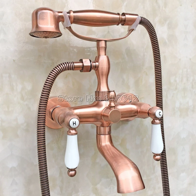 Antique Red Copper Clawfoot Bathtub Faucet Set with Handheld Shower