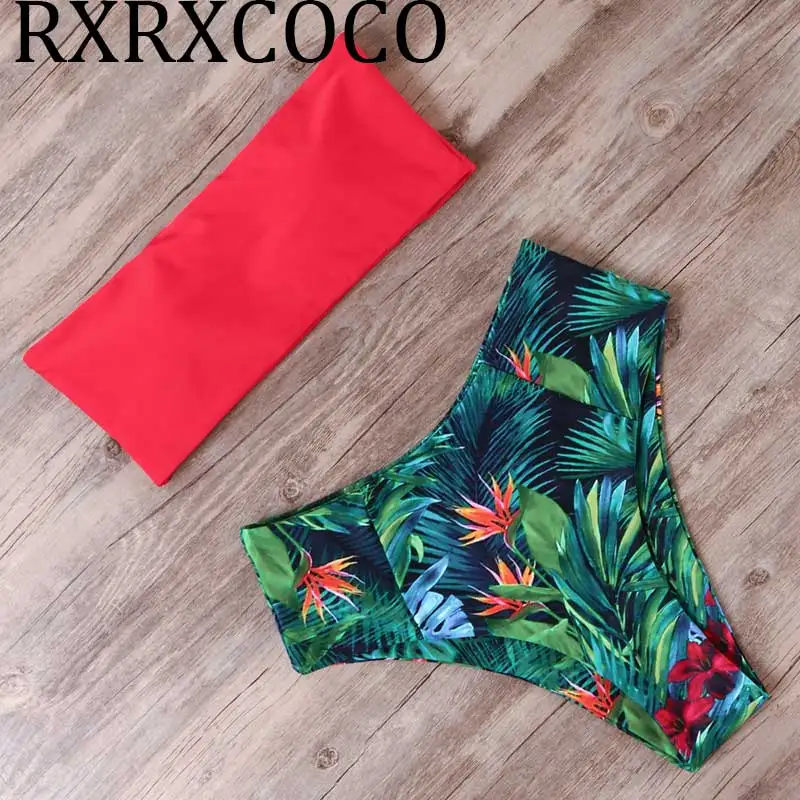 Billig Tropical Druck Badeanzug Push Up Bikini 2020 Sexy Bandeau Bademode Weibliche Hohe Taille Badeanzug Frauen Sommer Separaten Schwimmen Anzug