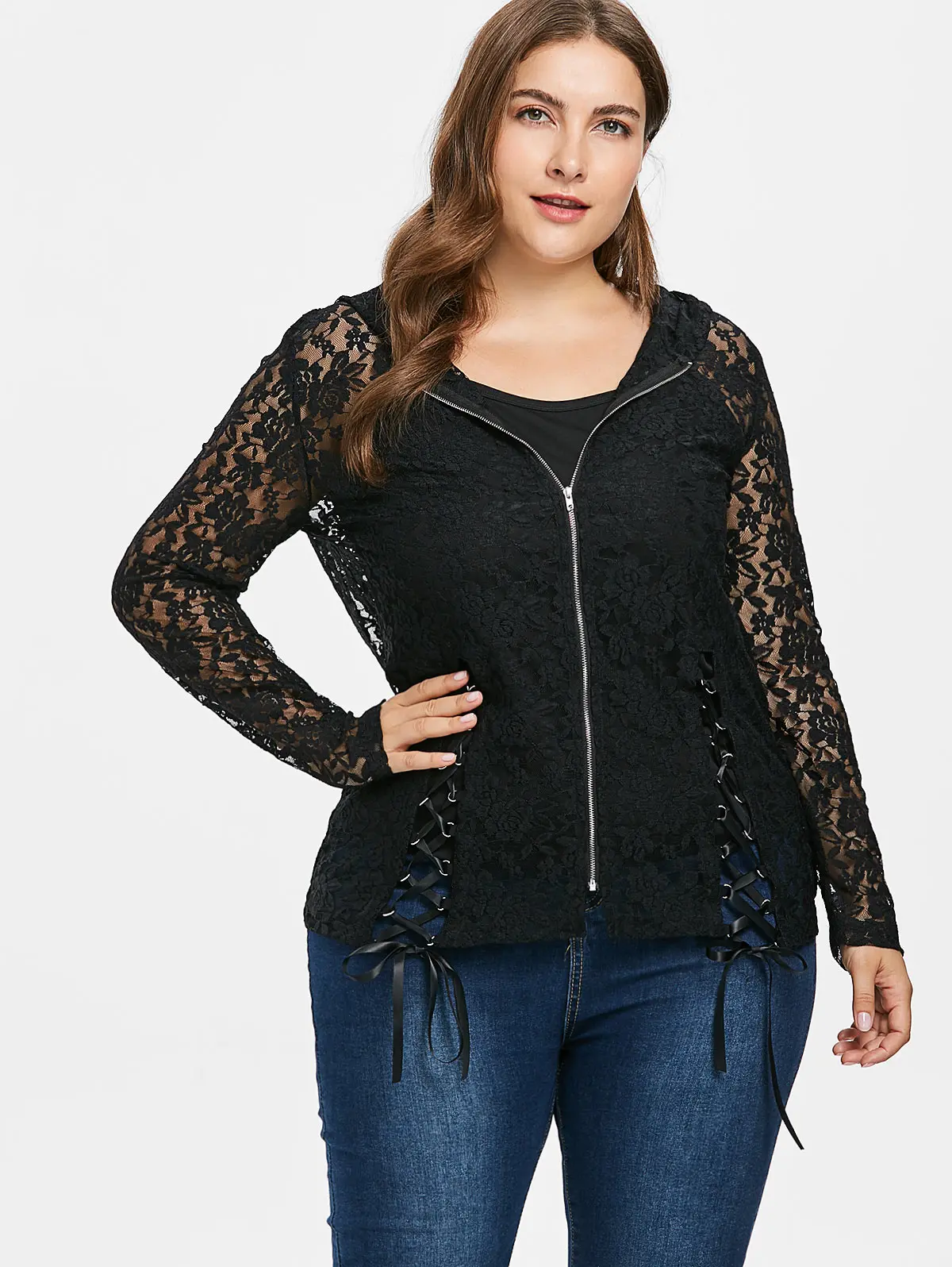 Wipalo Plus Size Lace Zipper Hooded Jackets Coat 2018 Autumn Women