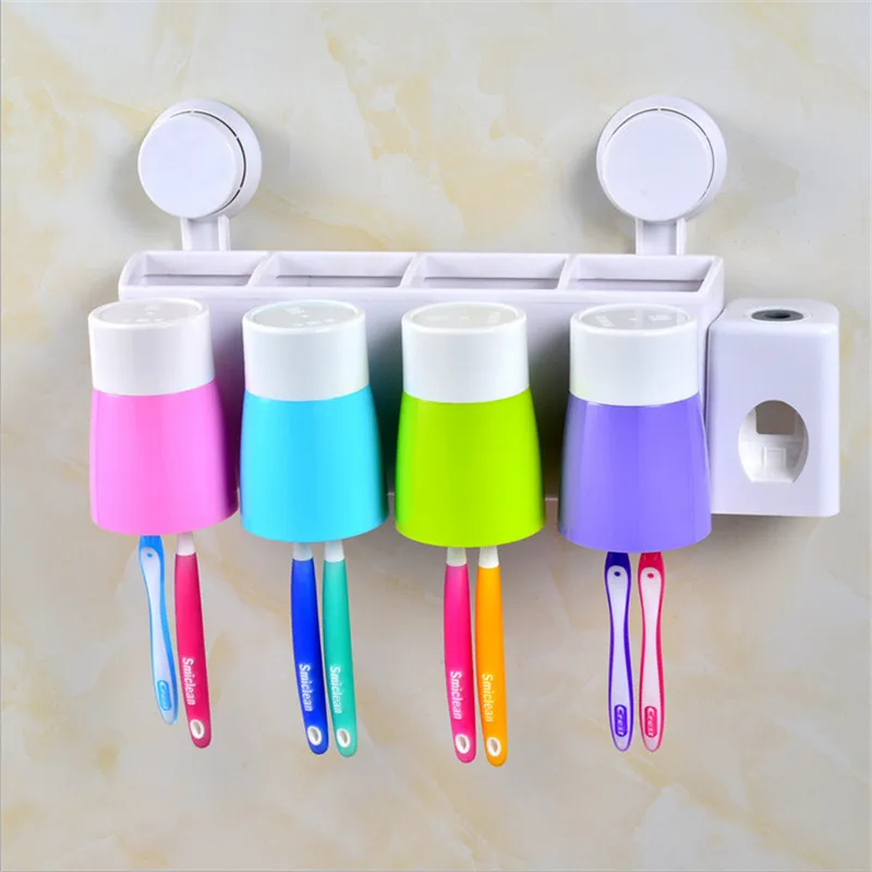 

Family Style Bathroom Wall Mounted Tooth Brush Holder Drying Rack With Automatic Toothpaste Dispenser +Brush Cup