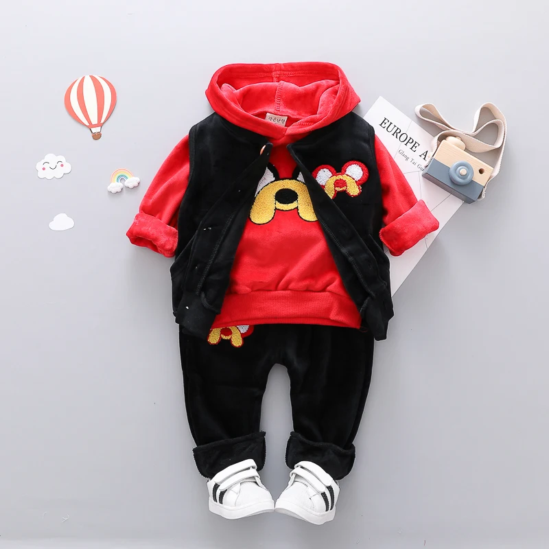 

Children 3PCS Clothes Cartoon Pattern Warm Suit Winter Velvet Thicken Sweatshirts + Waistcoat + Pant Clothing Set Baby Outwear