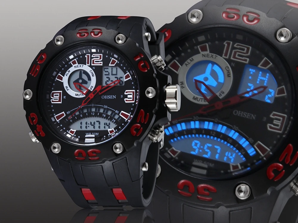 Кварцевые часы «OHSEN» цифровые часы мужские ЖК-дисплей Dual Time Многофункциональные мужские спортивные часы на резиновом ремешке 5ATM водонепроницаемые наручные часы