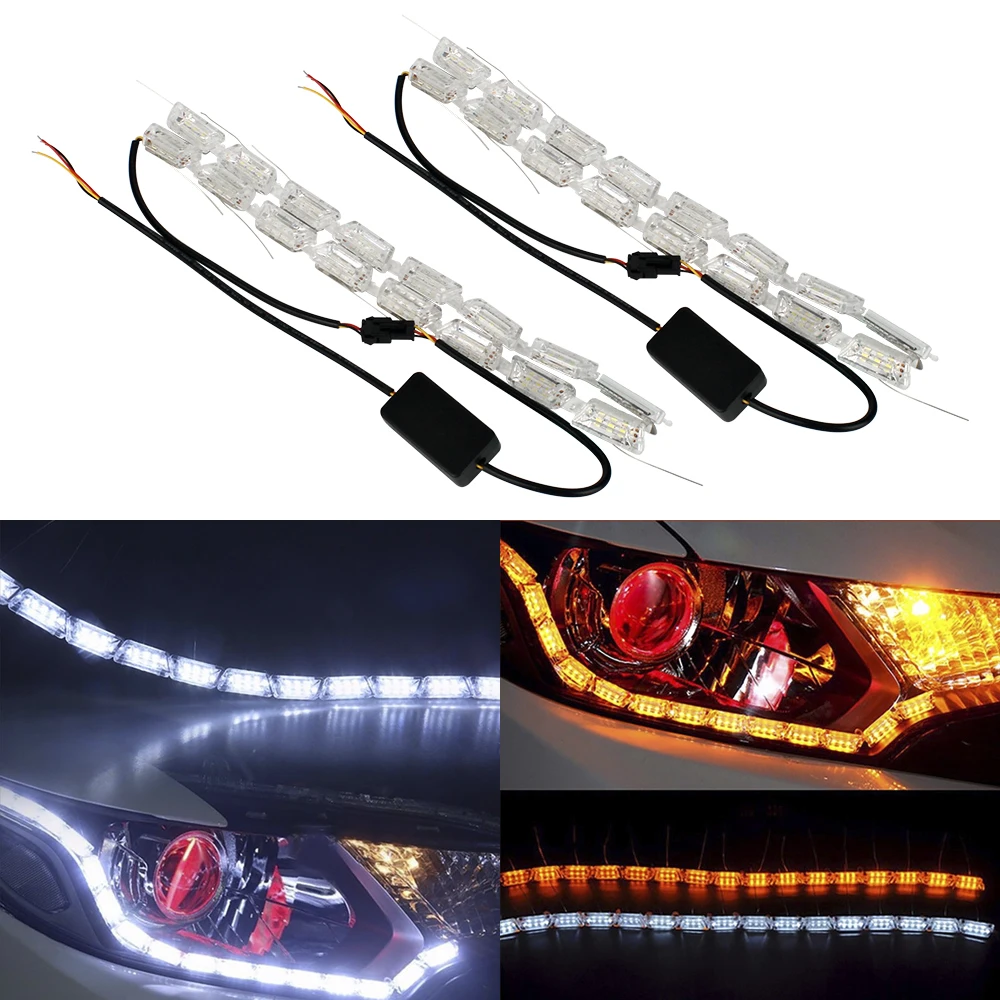 

2Pcs Car DRL Flowing Flexible Switchback LED Knight Rider Strip Light for Headlight Sequential Flasher Amber Turn Signal Lights