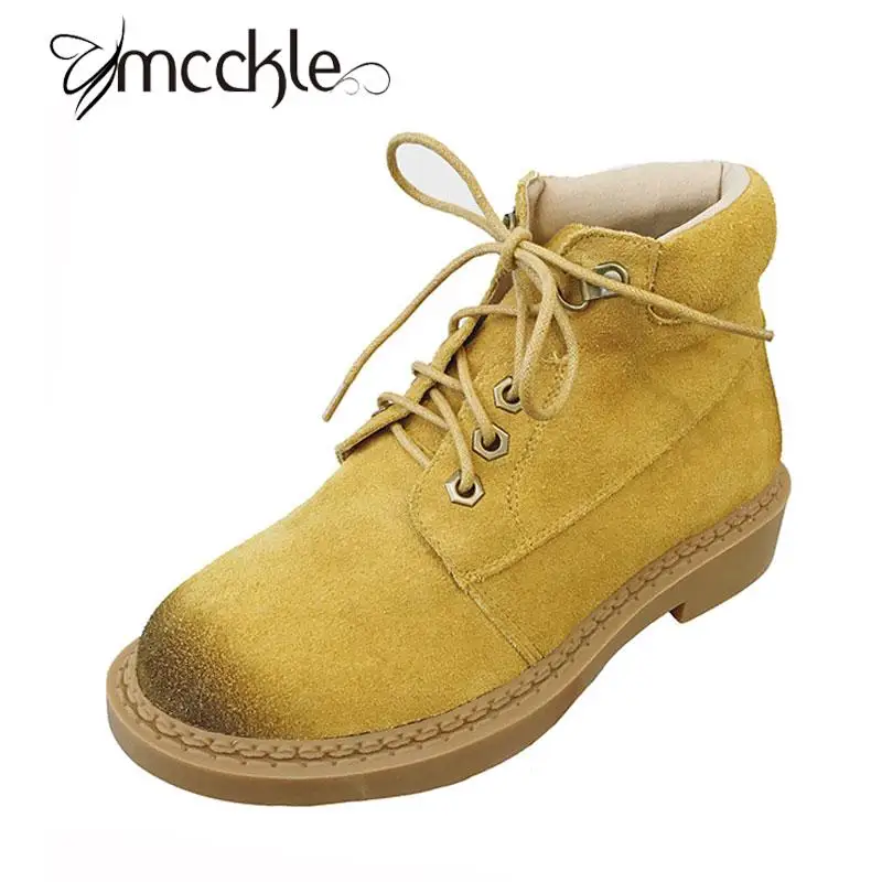 

MCCKLE women's fashion Genuine Leather ankle boots british style vintage woman lace up low heels casual comfort tactical boots