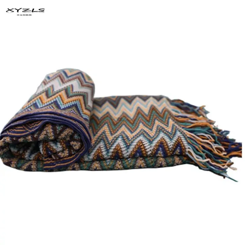 

XYZLS American Style Vintage Blanket Colorful Wave Pattern Knitted Blankets Throw On Sofa/Bed/Plane Travel Patchwork Bedspread