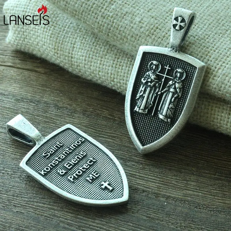 

lanseis 10pcs men necklace Saint Konstantino me Protect family Shield Protection cross medal pendant saint talisman jewelry