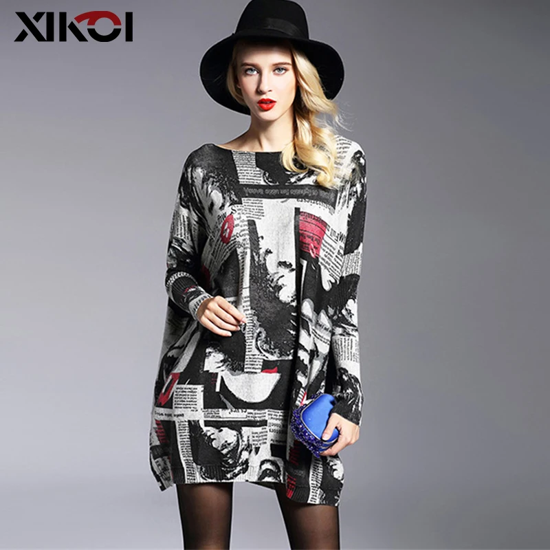 XIKOI الأزياء المتضخم محبوك البلوزات المرأة الملابس البلوفرات صداري مائل الرقبة Batwing كم طويل طباعة سترة قمصان
