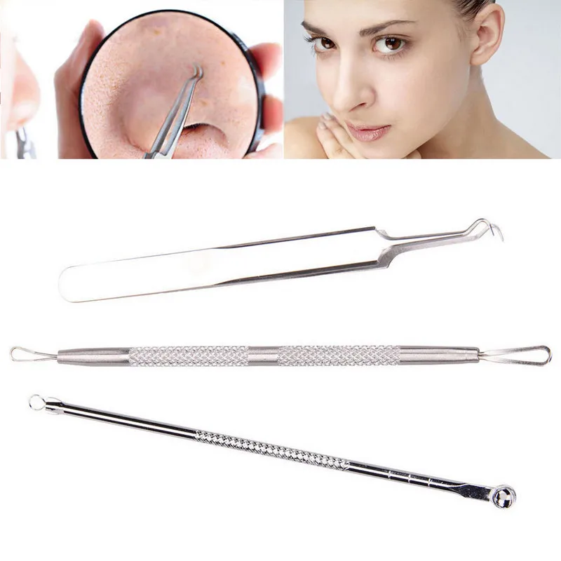 

Shellhard 3pcs Stainless Steel Blackhead Acne Remover Extractor Tool Tweezer Acne Needle Face Antibacterial Care Kit