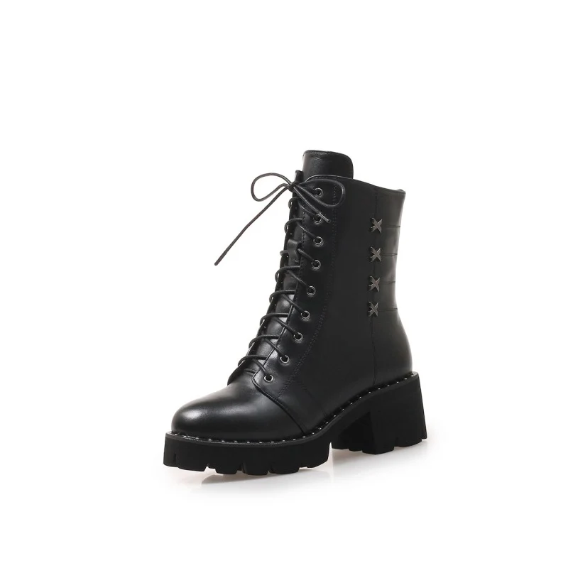 

New Women Boots Lace Up Basic Round Toe Booties with square Thick Heels Genuine Leather Women Boots
