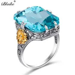Blaike большой Аква синий Квадратные Кольца из циркона для женщин Винтаж 925 серебро золото ромашка цветок камень кольцо Свадебные украшения