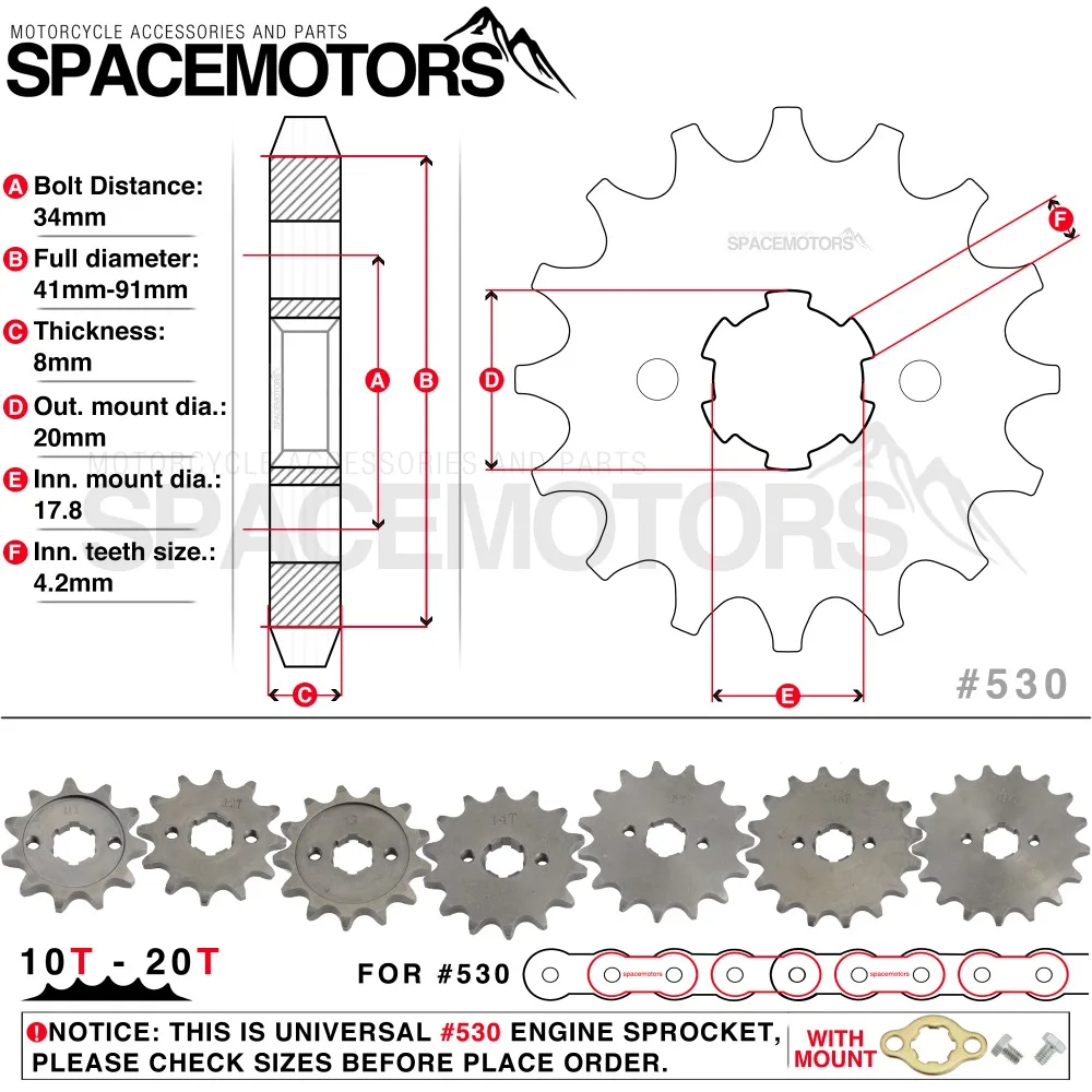 

Front Engine Sprocket Star #530 10T-20T 12 13 Teeth 20mm For 530 Chain With Locker Motorcycle Dirt Bike PitBike ATV Quad Parts