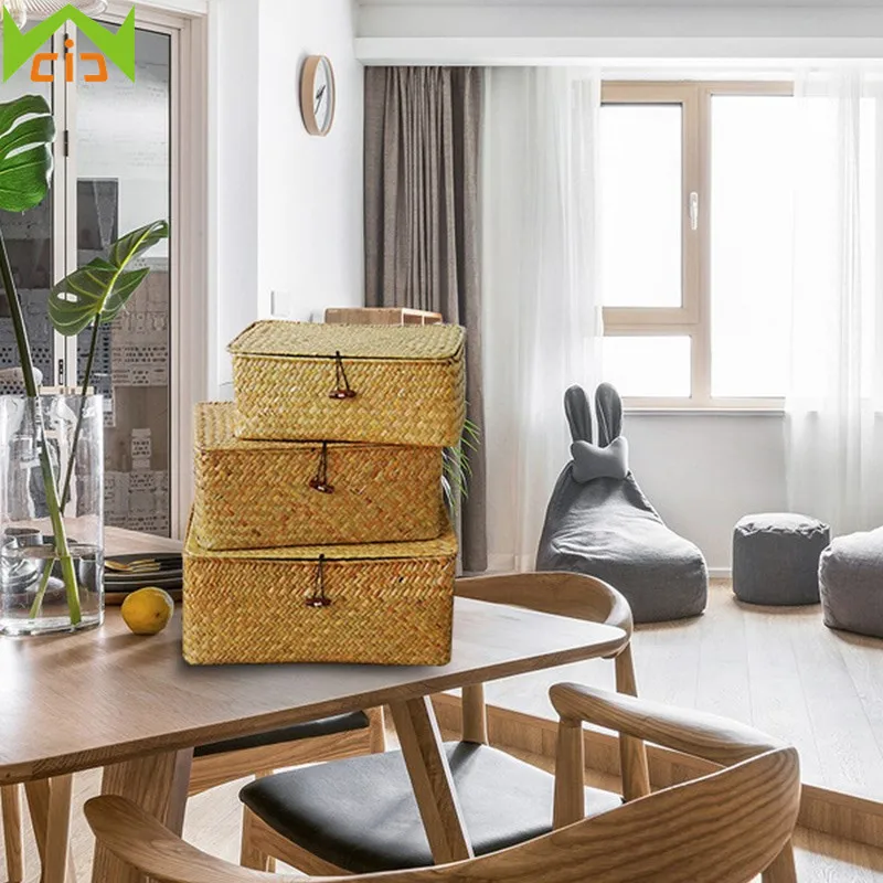 

WCIC Handmade Rattan Storage Box Wicker Jewelry Storage Baskets Woven Cosmetic Container Rectangle Makeup Organizer with Cover