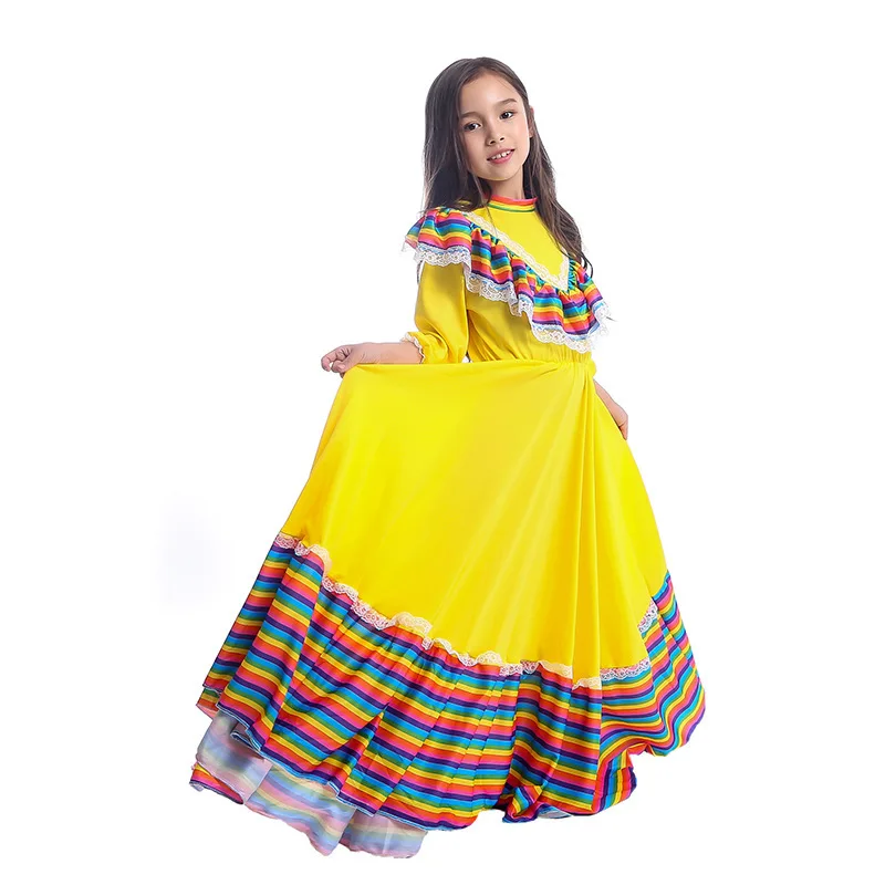 Mexican Dress Birthday Party Halloween Costume Kids Child Mexico Big Circle Long Gypsy Flamenco Dance Skirt