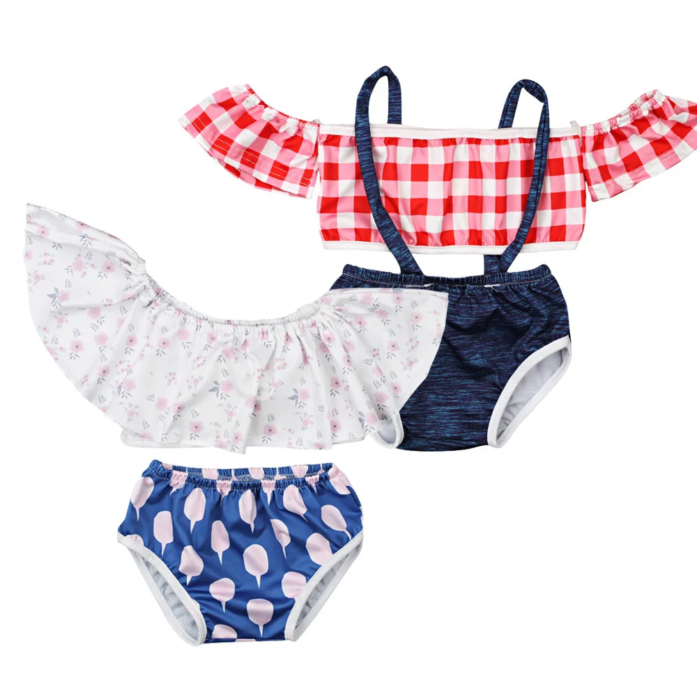 

Summer Children Set Girls Beach Wear Kids Bathing Suit Plaid Big Bow Girls Clothing Sets
