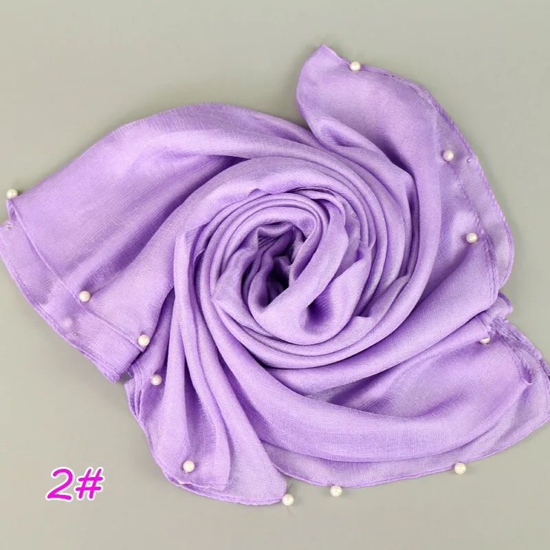 Для женщин Сплошной Цвет шелковое белье хиджаб с белым жемчугом Роскошные пашмины headban обертывания голову обертывания - Цвет: color 2