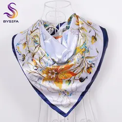 [BYSIFA] осенний женский шелковый шарф с цветочным принтом, лидер продаж, темно-синие милые женские шарфы, летняя воздушная шелковая