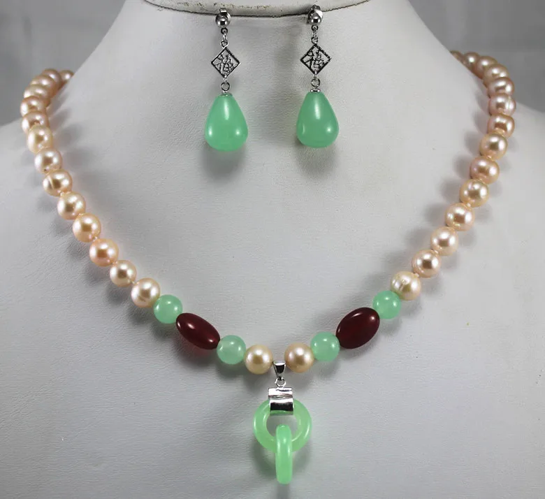 pary jewelry sets charm8mm pink shell pearl dotted with green/red jade