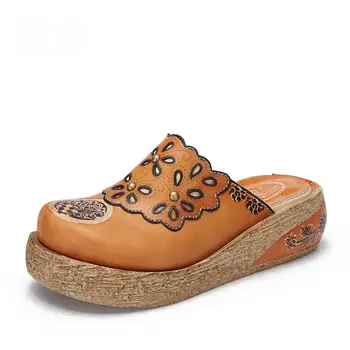 

GKTINOO Slippers Genuine Leather Shoes Handmade Slides Flip Flop On The Platform Clogs For Women Women Slippers