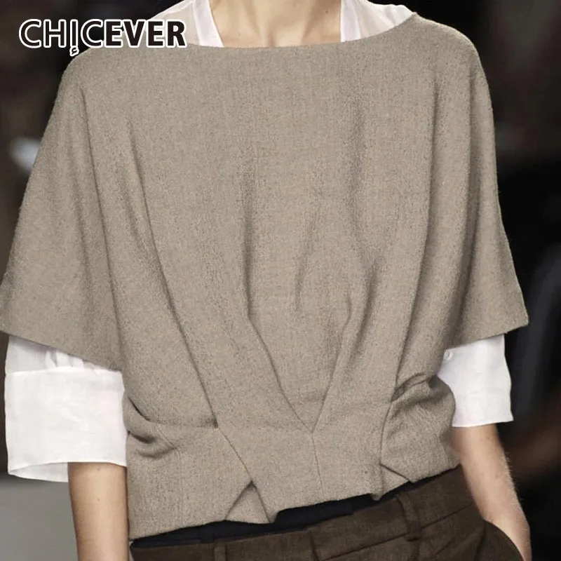 CHICEVER Summer Casual Hit Color Patchwork Shirt For Women O Neck Three Quarter Sleeve Crop Top Clothing Female Fashion New