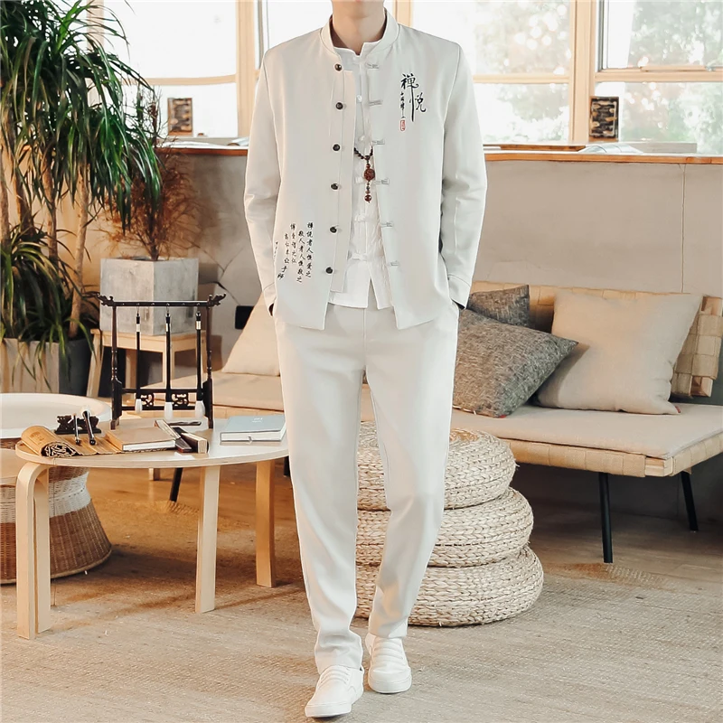 

LOLDEAL Chinese Style Stand Collar Suit Men's Retro Vintage Embroidery Chinese Tunic Suit Blazer+Pants Male