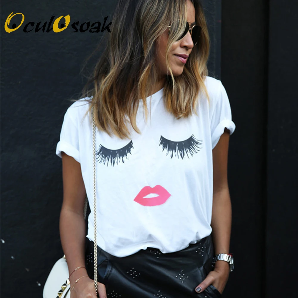 

Fashion T shirt Women Eyelashes Eyes Lips Casual Summer Tshirts Femme tops & tees Vintage Black Gothic Plus Size Funny T-shirt