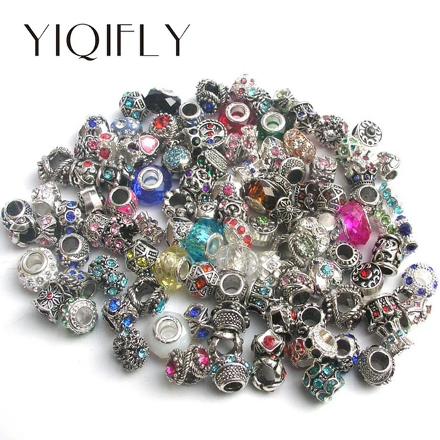 Abalorios de cristal para pulsera Pandora, 50 unidades, colores mezclados y estilos, de imitación, gran agujero, compatibles con pulsera europea, DIY _ - AliExpress Mobile