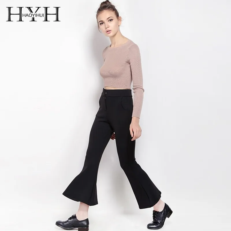 HYH Haoyihui Office Lady Fashion High Waist Pants Black Flare Women Capris Leggings For Wholesale And Free Shipping