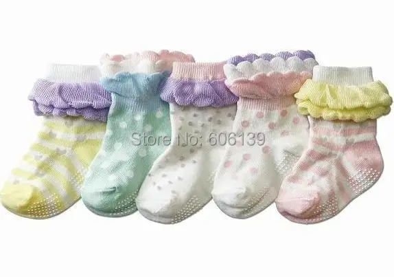 Детские хлопковые носки для девочек Модные противоскользящие детские носки принцессы с оборками в полоску или в горошек 12 пар/партия