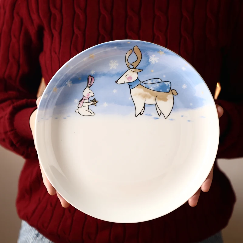 

Christmas gift ceramic plate 10 inch deer on glazed print round cartoon bone china Europe style desserts breakfast steak plates