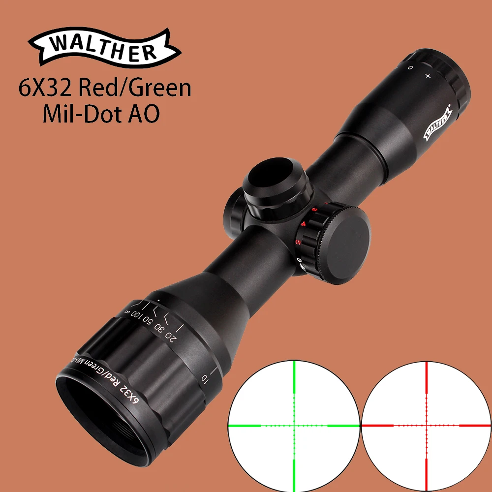 

WALTHER 6x32 AO Hunting Compact Riflescope Mil Dot Red Green Illumination Wire Reticle 1 Inch Tube Tactical Optical Sights