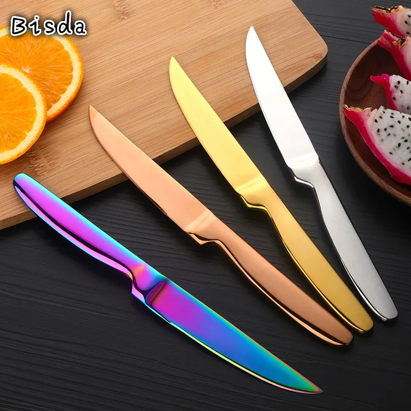 

4 Pcs/Set Gold Table Knife Stainless Steel Sharp Fruit Meat Knife Cutlery Dinnerware Colorful Mirror Polished OEM Logo