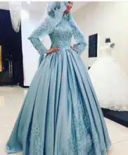 High Neck Long Sleeves Satin Hijab Muslim Evening Dress with Lace Appliques Saudi Arabia Party Gown