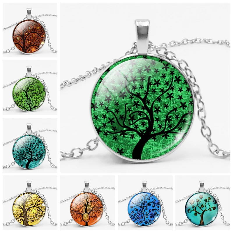 

Fashion Tree of Life Necklace Eternal Tree Art Picture Glass Bullion Chain Vintage Necklace Women Jewelry