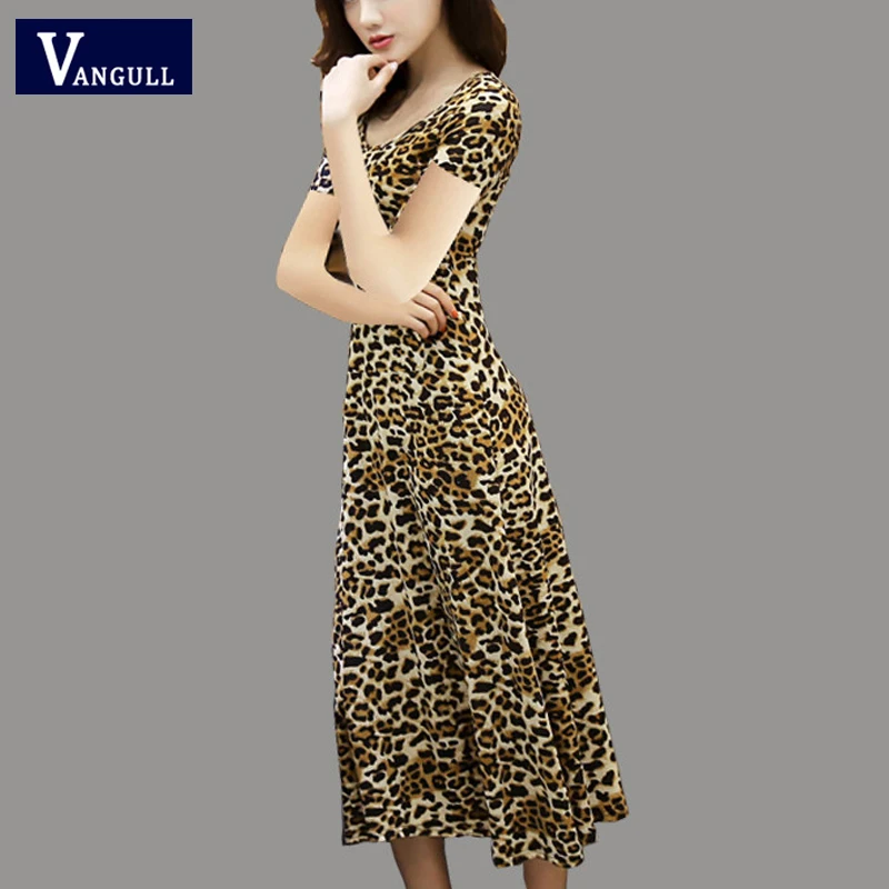 

Vangull Summer Leopard Print Women Dresses Sexy Fashion New O-Neck Short Sleeve Female Plus Size Ankle-Length A-Line Dresses