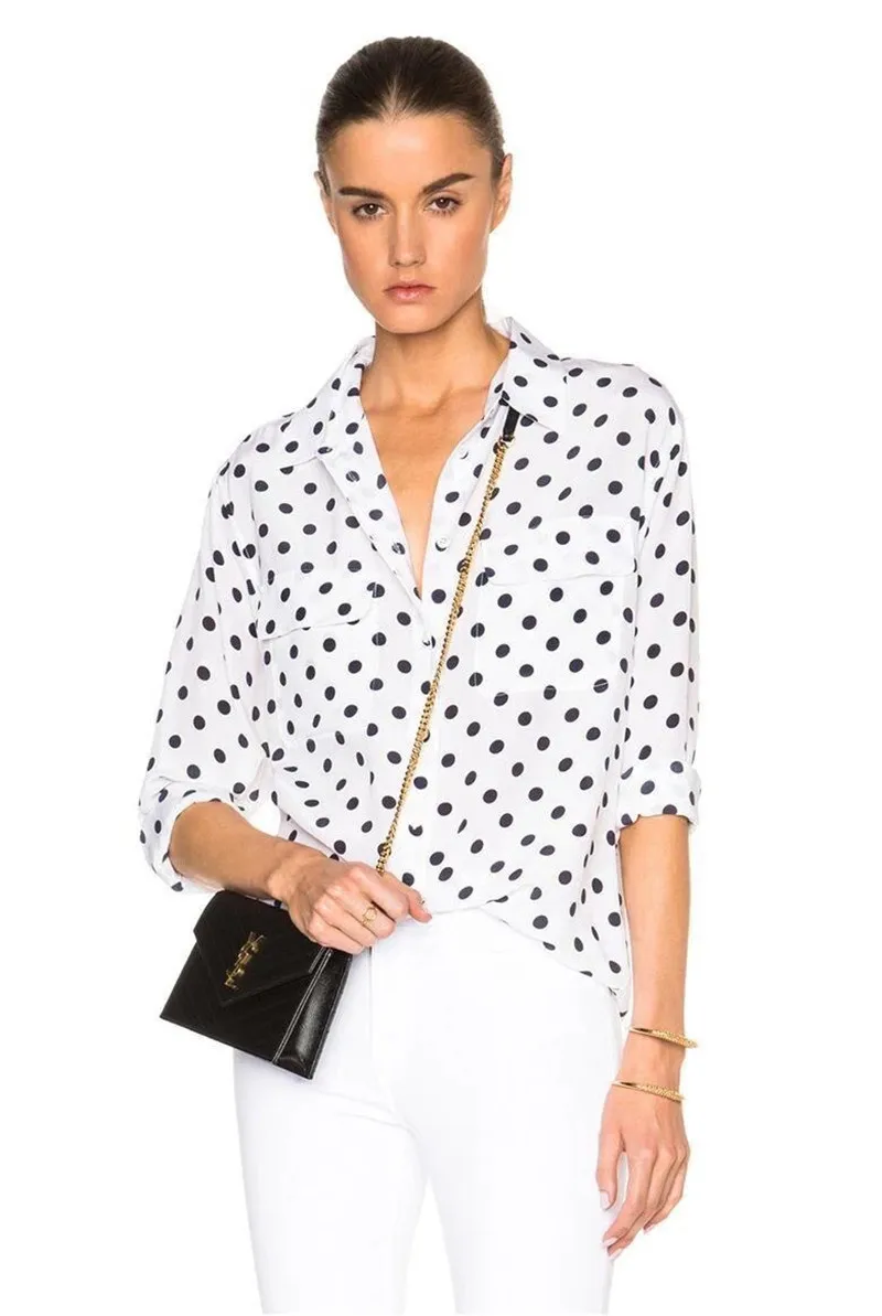 

Women Silk Polka Dot Print Double Pocket Long Sleeve Vintage Blouse Top