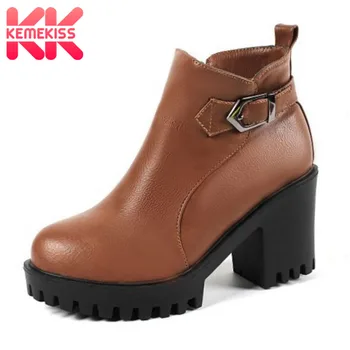 

KemeKiss Women's Ankle Boots Buckle Zipper Plush Fur Thick Heels Platform Women Gladiator Vintage Boots Short Boots Size 33-42