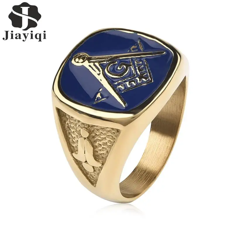 

Jiayiqi Vintage Blue Masonic Signet Rings for Men Jewelry Gold Color Stainless Steel Ring Male Punk Gothic Party Gifts