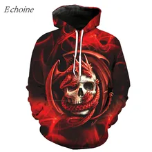 Echoine 2018 New Pterosaur Skull Print Men’s Hooded Sweatshirts Long Sleeve Pockets Outdoor Sports Hoodies Excercise Sweaters